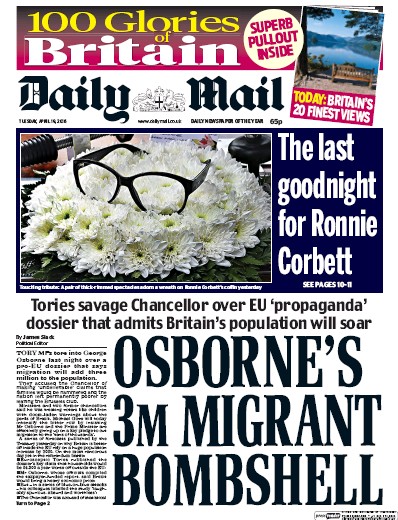 Daily Mail Newspaper Front Page for 19 April 2016