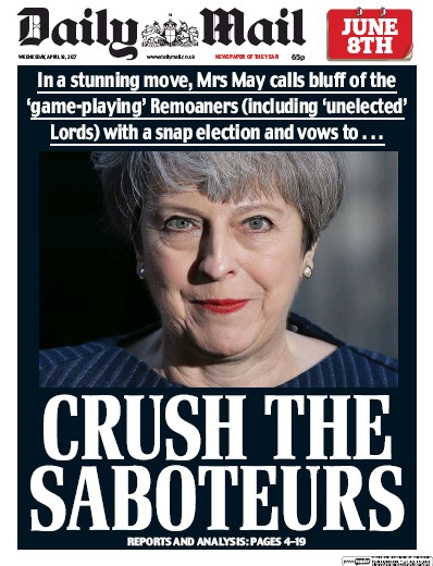 Daily Mail Newspaper Front Page for 19 April 2017