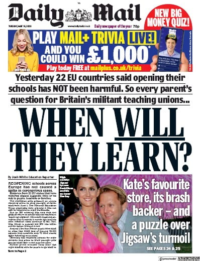 Daily Mail Newspaper Front Page for 19 May 2020