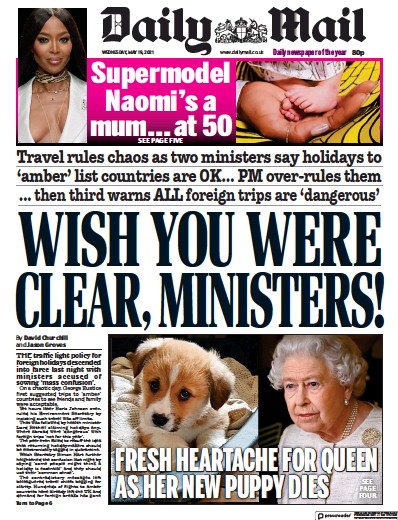 Daily Mail Newspaper Front Page for 19 May 2021