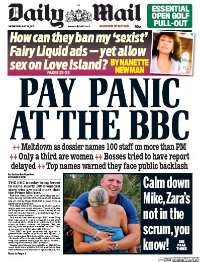 Daily Mail Newspaper Front Page for 19 July 2017