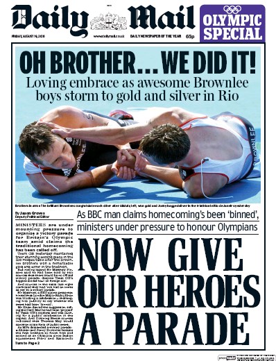 Daily Mail Newspaper Front Page for 19 August 2016