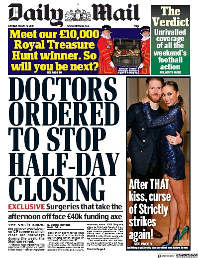 Daily Mail (UK) Newspaper Front Page for 19 August 2019