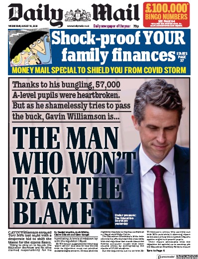 Daily Mail Newspaper Front Page for 19 August 2020