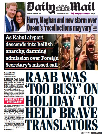Daily Mail (UK) Newspaper Front Page for 19 August 2021