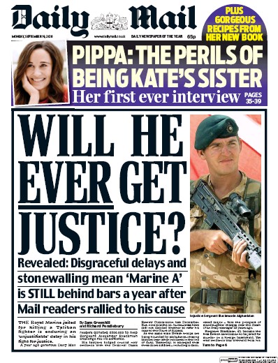 Daily Mail Newspaper Front Page for 19 September 2016