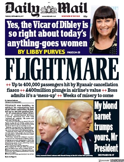 Daily Mail Newspaper Front Page for 19 September 2017