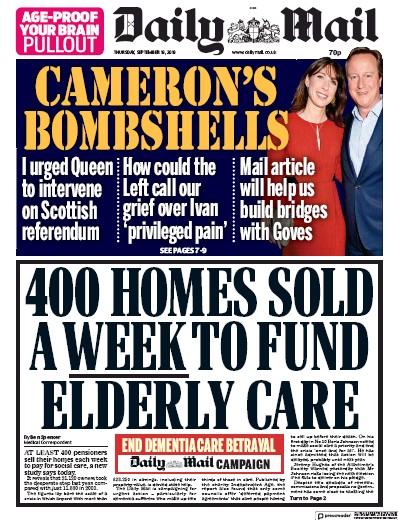 Daily Mail (UK) Newspaper Front Page for 19 September 2019