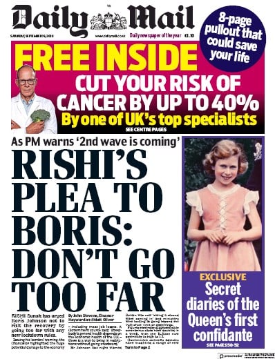Daily Mail Newspaper Front Page for 19 September 2020