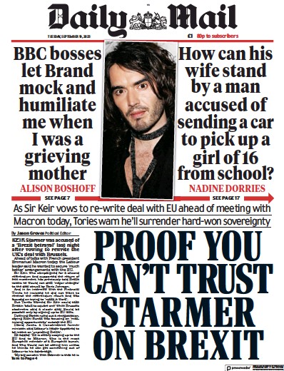 Daily Mail (UK) Newspaper Front Page for 19 September 2023