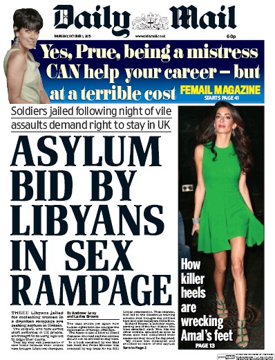 Daily Mail Newspaper Front Page for 1 October 2015