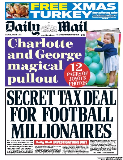 Daily Mail (UK) Newspaper Front Page for 1 October 2016