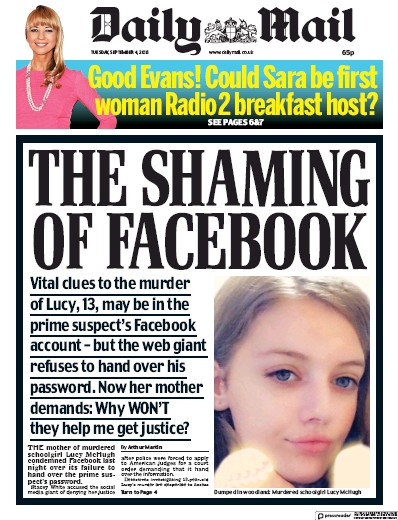 Daily Mail Newspaper Front Page for 1 October 2018