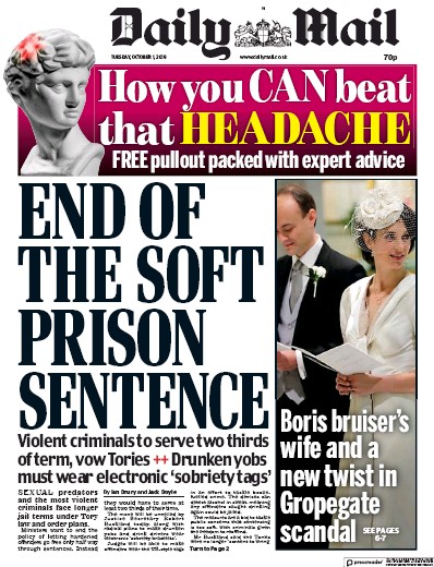 Daily Mail (UK) Newspaper Front Page for 1 October 2019