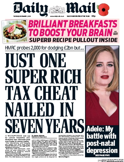 Daily Mail (UK) Newspaper Front Page for 1 November 2016