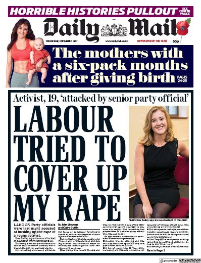 Daily Mail Newspaper Front Page for 1 November 2017