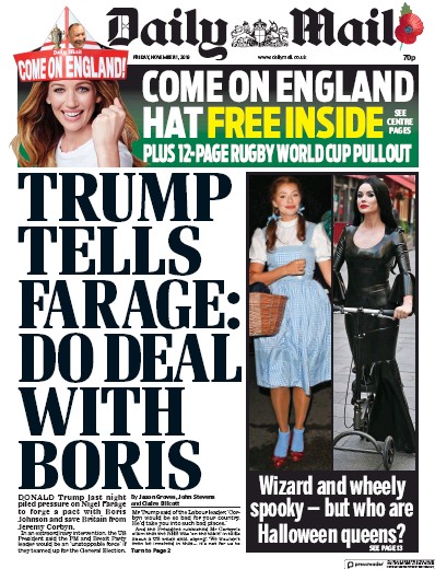 Daily Mail (UK) Newspaper Front Page for 1 November 2019