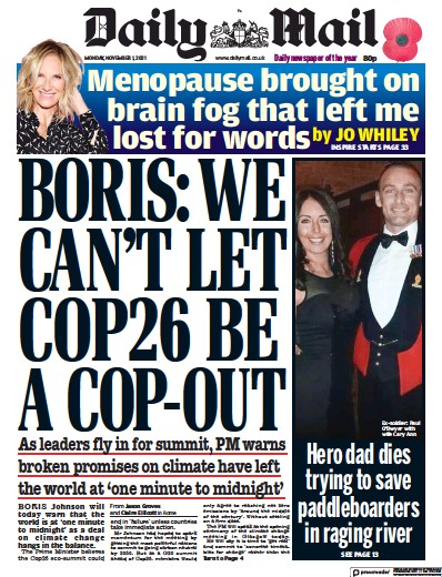 Daily Mail (UK) Newspaper Front Page for 1 November 2021