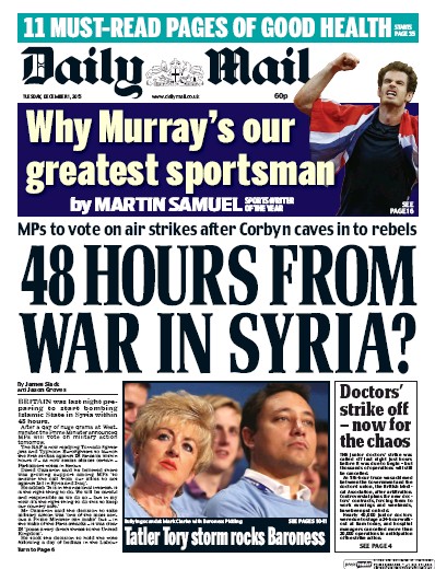 Daily Mail Newspaper Front Page for 1 December 2015