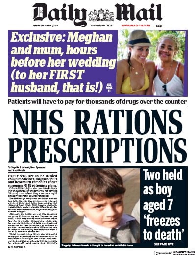 Daily Mail Newspaper Front Page for 1 December 2017