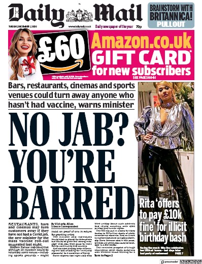Daily Mail Newspaper Front Page for 1 December 2020