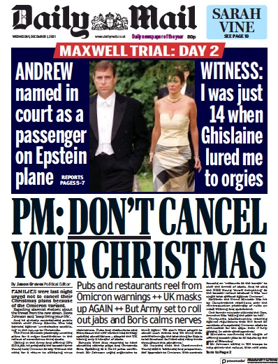 Daily Mail (UK) Newspaper Front Page for 1 December 2021