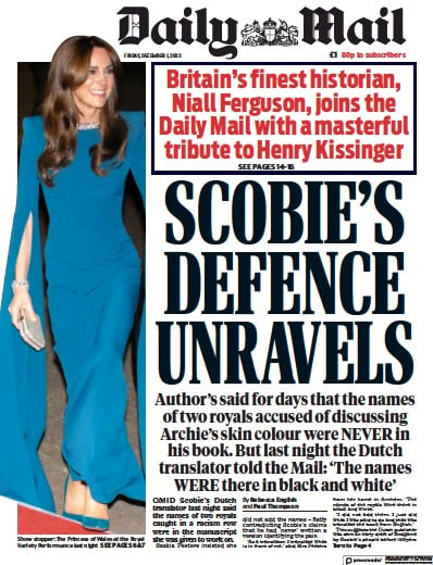 Daily Mail (UK) Newspaper Front Page for 1 December 2023