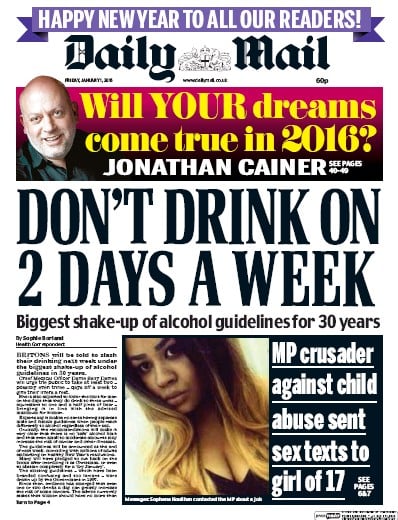 Daily Mail Newspaper Front Page for 1 January 2016