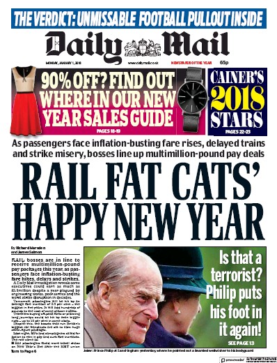Daily Mail Newspaper Front Page for 1 January 2018