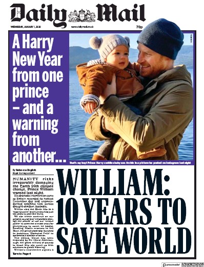 Daily Mail Newspaper Front Page for 1 January 2020