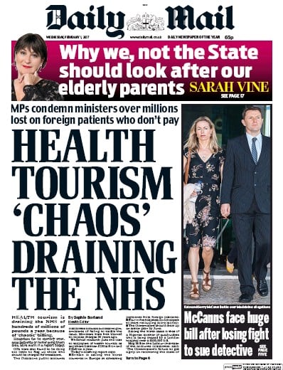 Daily Mail Newspaper Front Page for 1 February 2017