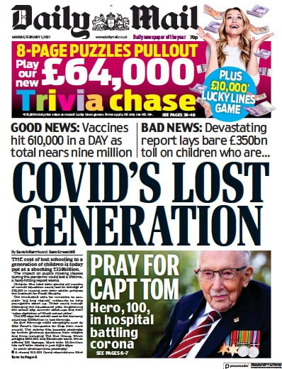 Daily Mail (UK) Newspaper Front Page for 1 February 2021