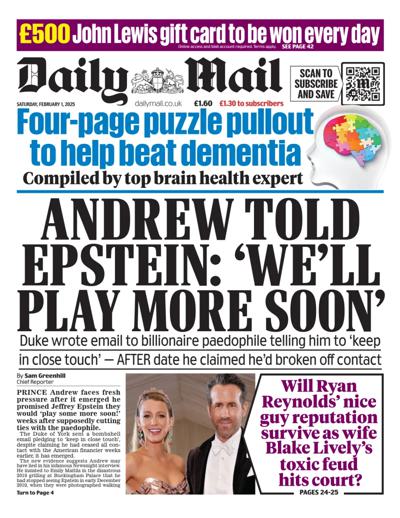 Daily Mail (UK) Newspaper Front Page for 1 February 2025