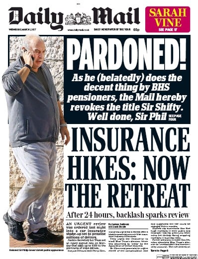 Daily Mail Newspaper Front Page for 1 March 2017