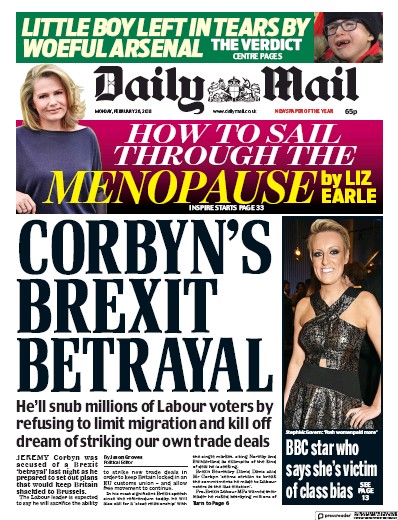 Daily Mail (UK) Newspaper Front Page for 1 March 2018