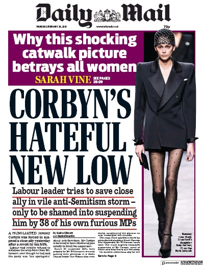 Daily Mail Newspaper Front Page for 1 March 2019