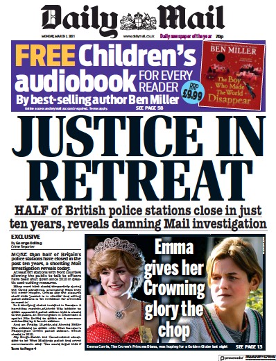 Daily Mail (UK) Newspaper Front Page for 1 March 2021
