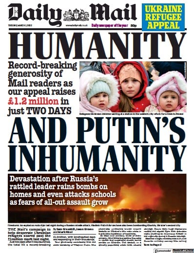 Daily Mail Newspaper Front Page for 1 March 2022
