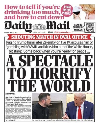 Daily Mail (UK) Newspaper Front Page for 1 March 2025