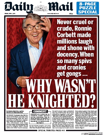 Daily Mail Newspaper Front Page for 1 April 2016