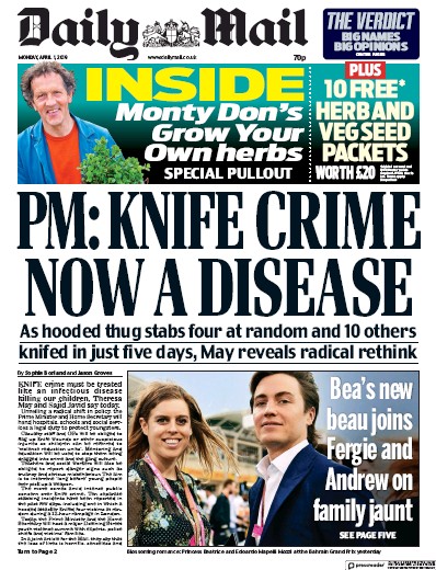 Daily Mail Newspaper Front Page for 1 April 2019