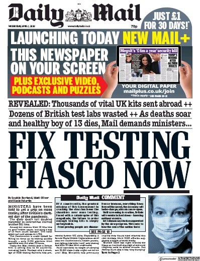 Daily Mail (UK) Newspaper Front Page for 1 April 2020