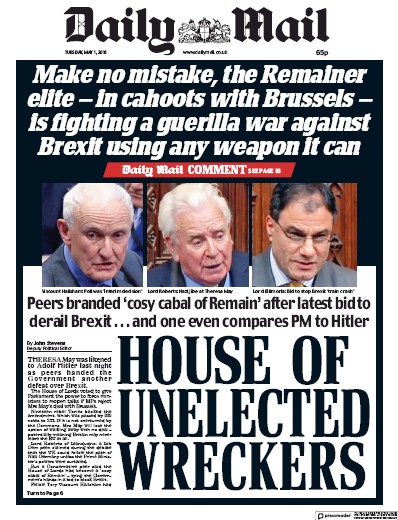 Daily Mail Newspaper Front Page for 1 May 2018
