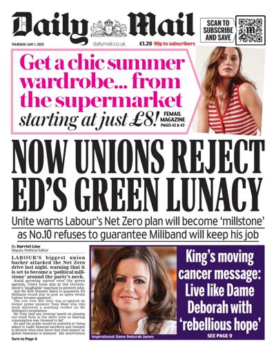Daily Mail (UK) Newspaper Front Page for 1 May 2025