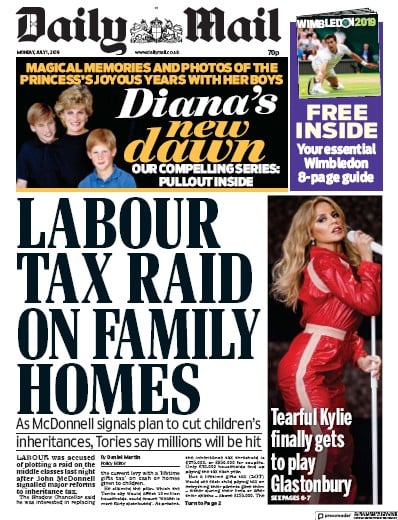 Daily Mail Newspaper Front Page for 1 July 2019