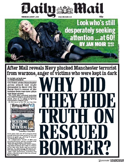 Daily Mail Newspaper Front Page for 1 August 2018