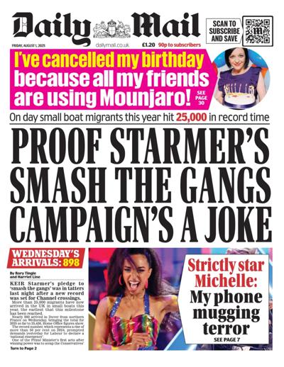 Daily Mail Newspaper Front Page for 1 August 2025