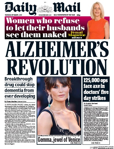 Daily Mail Newspaper Front Page for 1 September 2016