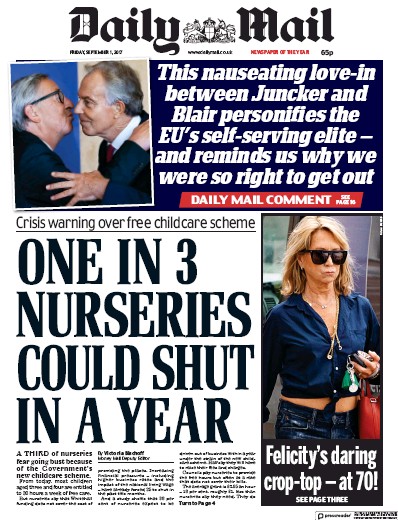 Daily Mail Newspaper Front Page for 1 September 2017