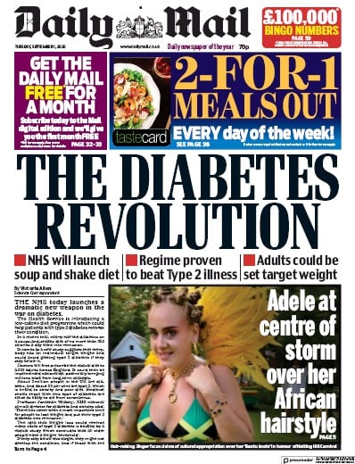 Daily Mail Newspaper Front Page for 1 September 2020
